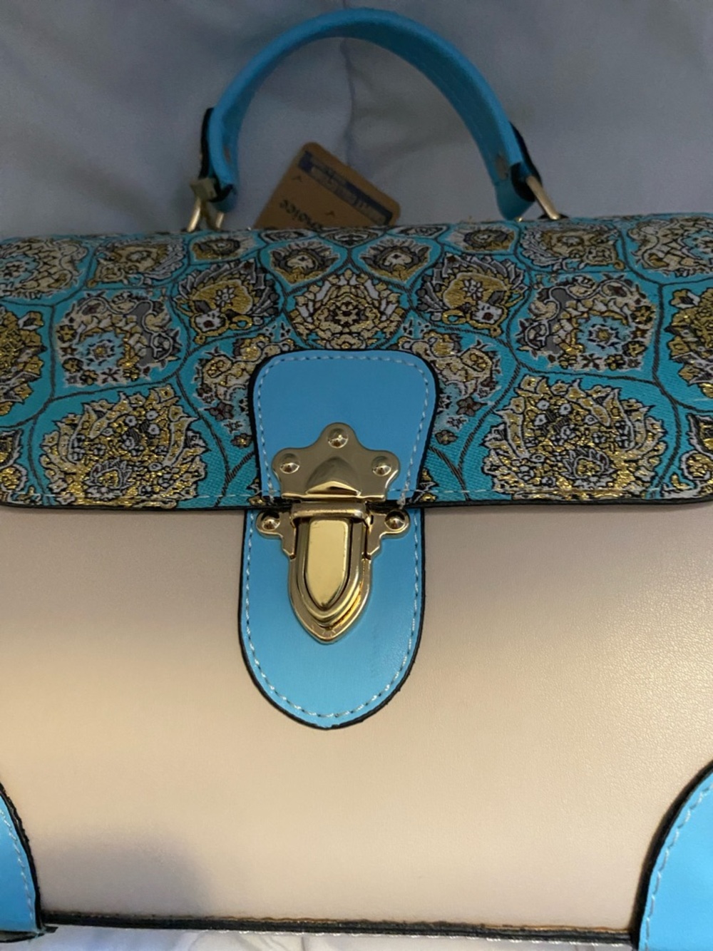 Cream and Turquoise Top-Handle Satchel with Patterned Flap - Picture 6 of 13